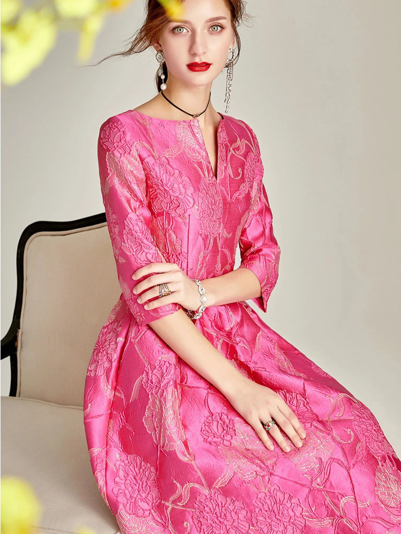 Light-Luxury Rose Jacquard Dress with V-Neck Three-Quarter Sleeves Fitted Waist A-Line Skirt Perfect for Parties and Banquets