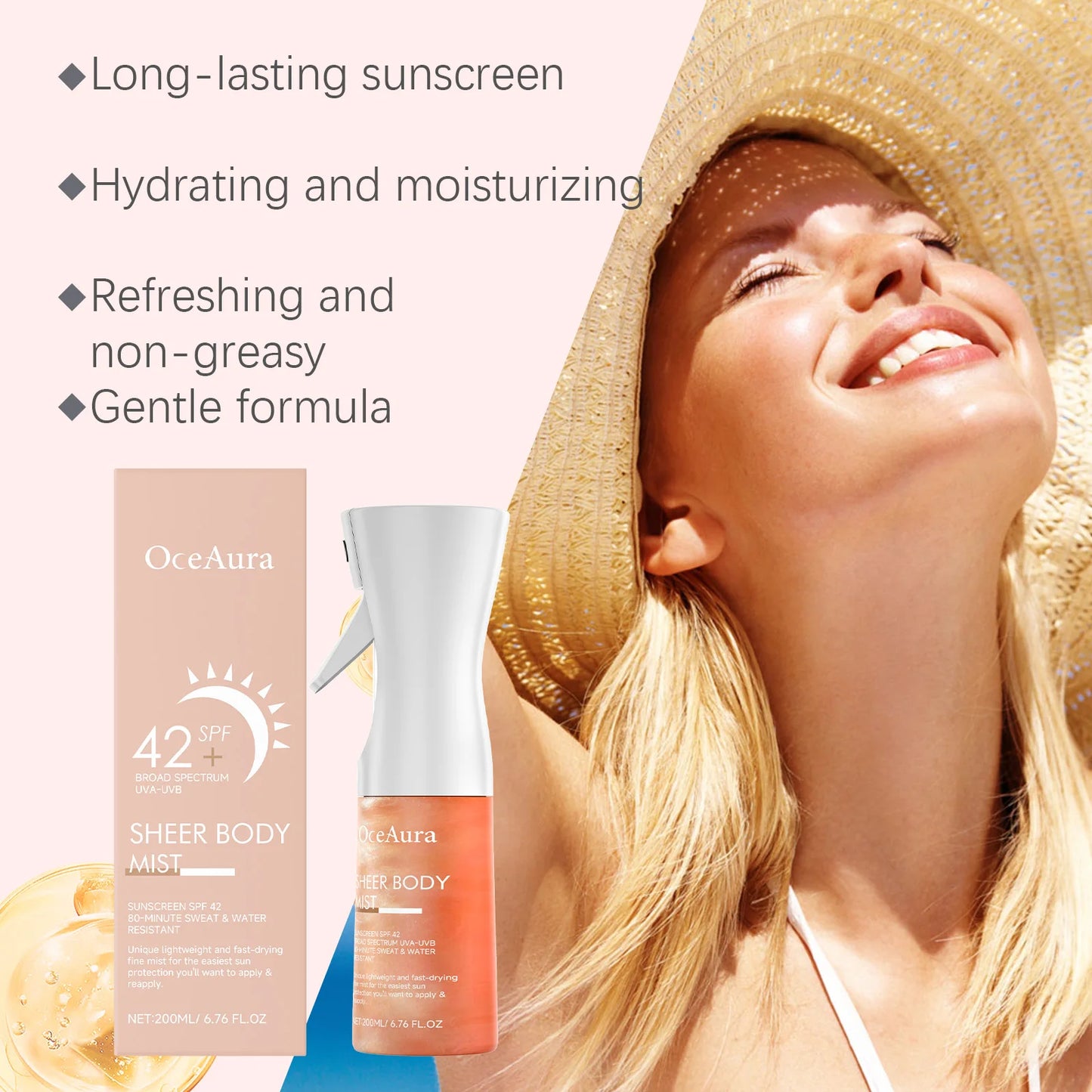 Oceaura Body Sunscreen Spray Lasting Prevent UV Refreshing Moisturizing Non-greasy Reduce Redness Sweatproof Sunscreen Spray