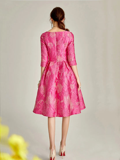 Light-Luxury Rose Jacquard Dress with V-Neck Three-Quarter Sleeves Fitted Waist A-Line Skirt Perfect for Parties and Banquets