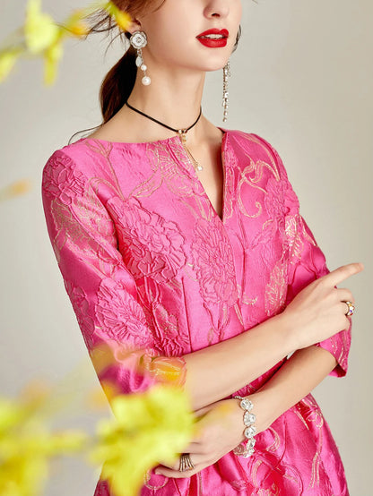 Light-Luxury Rose Jacquard Dress with V-Neck Three-Quarter Sleeves Fitted Waist A-Line Skirt Perfect for Parties and Banquets