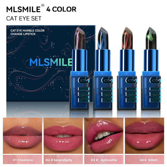 Color Changing Lipstick Set 4PCS Warm Tones Cat Eye Glitter Diamond Shine Moisturizing Non Stick Lip Makeup Kit Waterproof