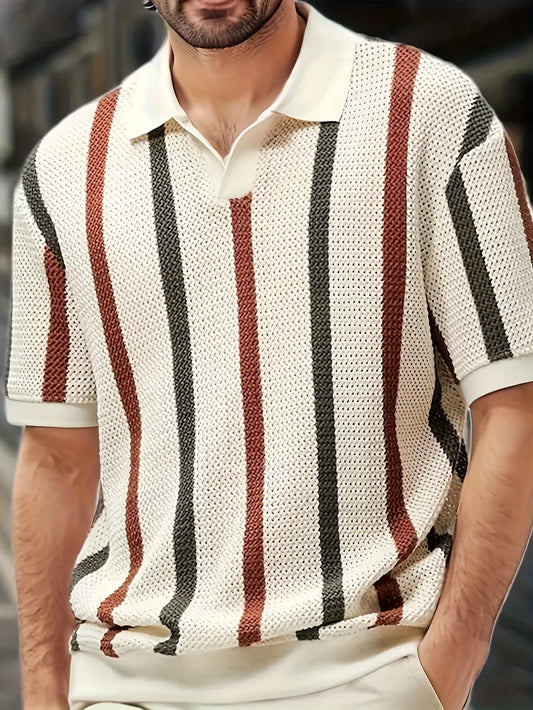 Men's Spring/Summer Lightweight Striped Knit Cardigan with V-neck Short Sleeve Polo Shirt. Business casual slim-fit style Breath