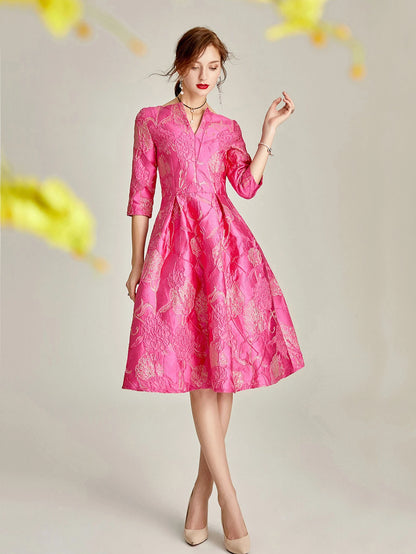 Light-Luxury Rose Jacquard Dress with V-Neck Three-Quarter Sleeves Fitted Waist A-Line Skirt Perfect for Parties and Banquets