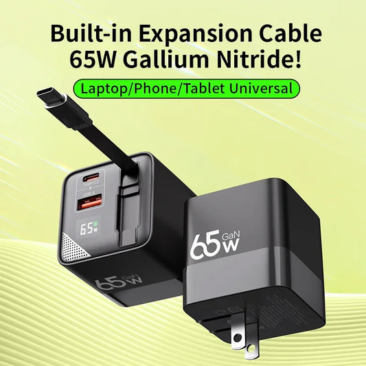 65W GaN Fast Charger Three-Port USB-C Charging Head Built-in 80cm Retractable TypeC Cable for iPhone16 15 14 13 Xiaomi Samsung