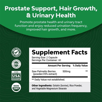 Saw Palmetto - Urinary Health, DHT Blocker and Prostate Support Supplement, Prevents Hair Loss