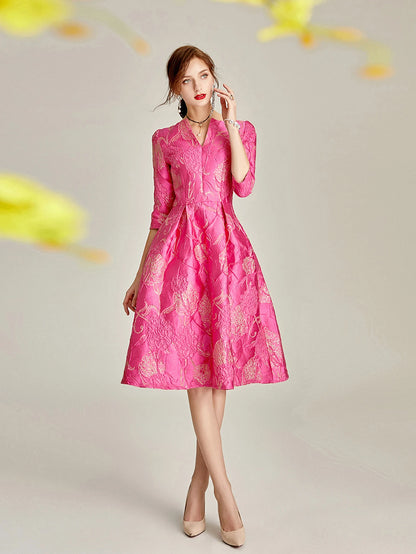 Light-Luxury Rose Jacquard Dress with V-Neck Three-Quarter Sleeves Fitted Waist A-Line Skirt Perfect for Parties and Banquets