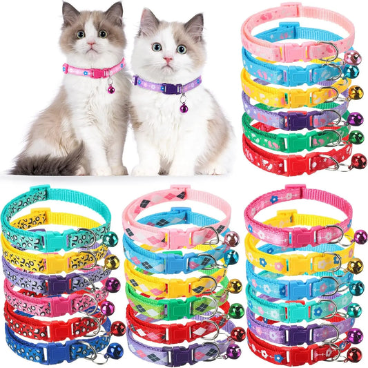 24 Pcs Adjustable Reflective Cat Collars with Bells, Soft Nylon for Puppies and Kittens in Assorted Colors