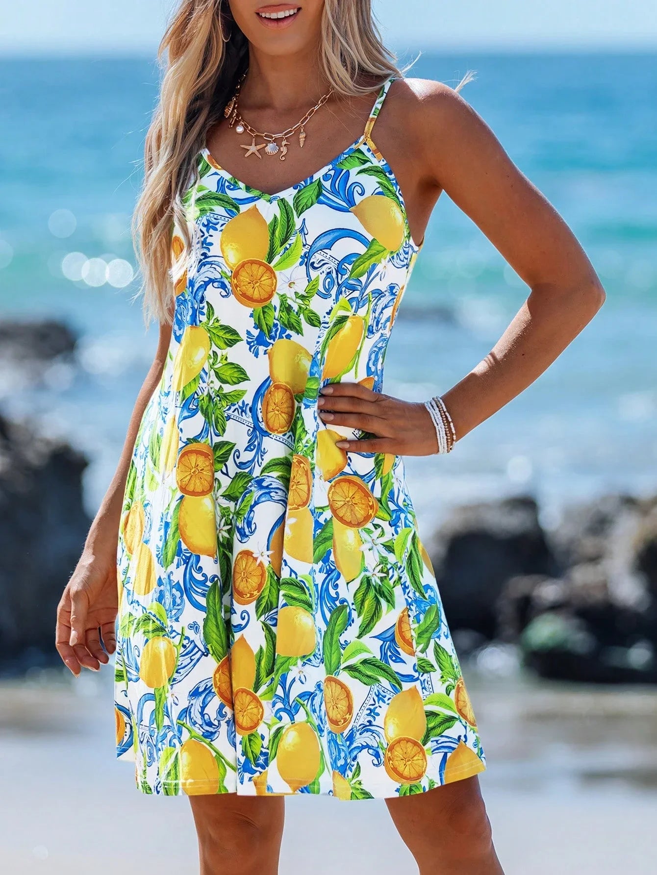 Women Lemon Print Spaghetti Strap Mini Dress Summer Beach Vacation Dress