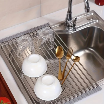 1pc Foldable Dish Drainer,Roll Up Dish Drying Rack ,Kitchen Sink Holder Organizer,Tableware Plate Storage Shelf