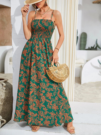 Women's Boho Floral Print Bodycon Dress, Long Sleeveless Summer Woven Fabric, Fitted Waist Tie Back Design