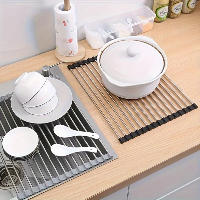 1pc Foldable Dish Drainer,Roll Up Dish Drying Rack ,Kitchen Sink Holder Organizer,Tableware Plate Storage Shelf