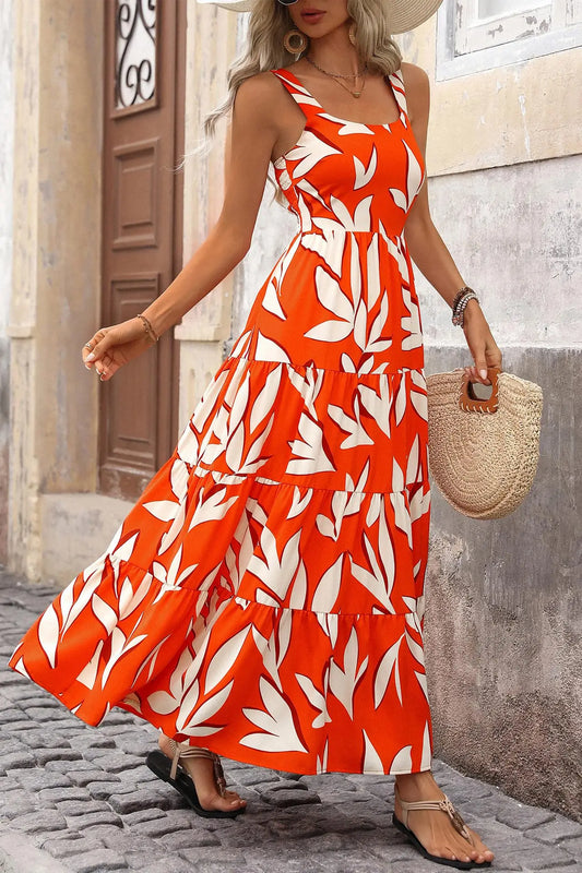 Women's Leaf Print Tank Dress, Boho Fashion Casual Ruffle Trim Long Dress for Beach Holiday Vacation, Ladies Summer Clothes