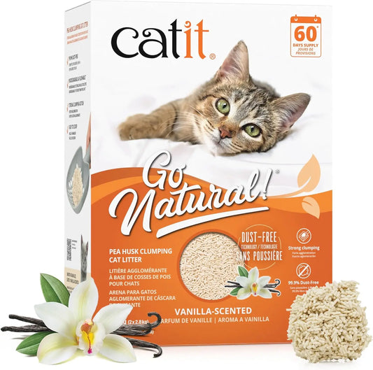 Natural Pea Husk Clumping Cat Litter - Dust Free, Easy Clean & Scoop, Flushable with Odor Control - Vanilla Scented, 12.3 Lbs