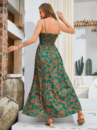 Women's Boho Floral Print Bodycon Dress, Long Sleeveless Summer Woven Fabric, Fitted Waist Tie Back Design