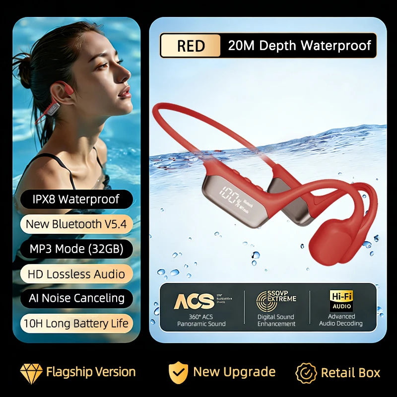 Bone Conduction Headphones Bluetooth 5.4 Wireless Earphone IPX8 Waterproof for Swimming Sports Support MP3 Player With 32G RAM