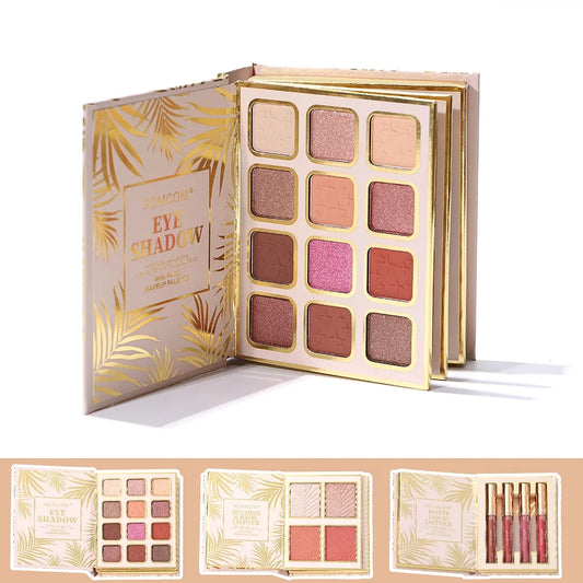 3-Page Makeup Magic Book with 12 Eyeshadow Shades, 3 Lip Colors, and 4 Contour Blush Shades - The Perfect Gift for Women on Spec