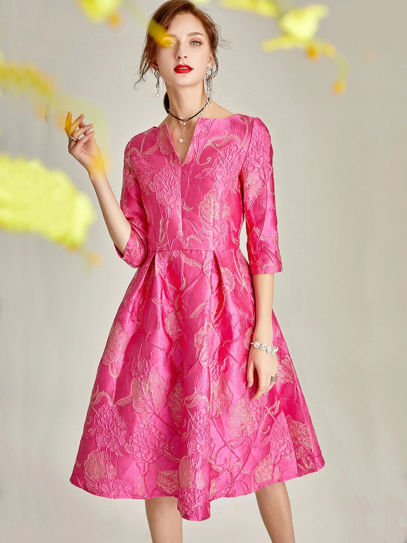 Light-Luxury Rose Jacquard Dress with V-Neck Three-Quarter Sleeves Fitted Waist A-Line Skirt Perfect for Parties and Banquets