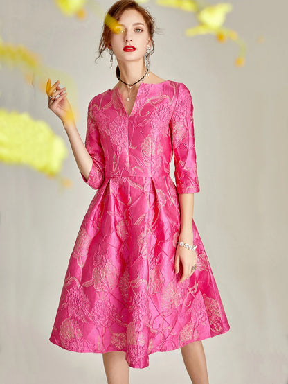 Light-Luxury Rose Jacquard Dress with V-Neck Three-Quarter Sleeves Fitted Waist A-Line Skirt Perfect for Parties and Banquets
